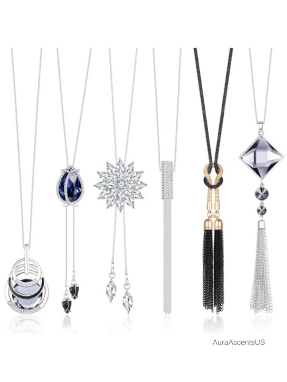 Silver Plated Rhinestone Flower Tassel Pendant Necklace Set 6Pc